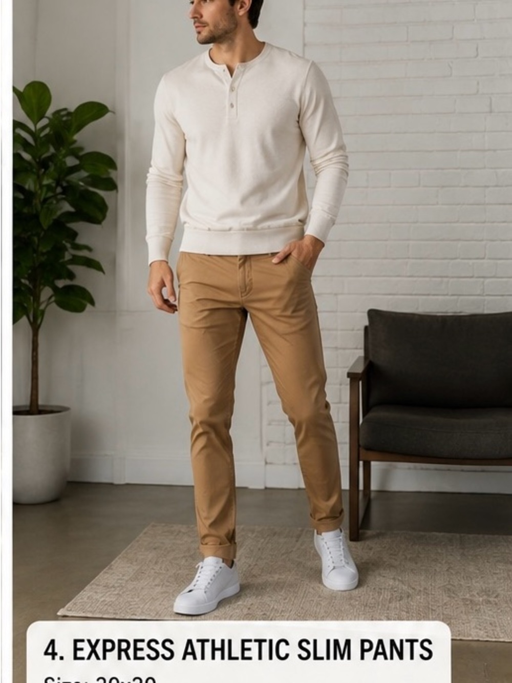 Express men’s Athletic Slim pants in a versatile warm tan/camel brown color.